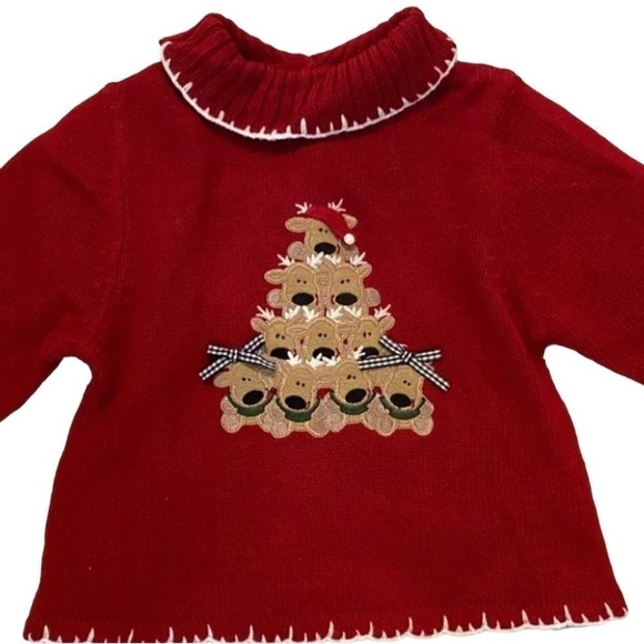 b.t. kids DARLING Christmas Reindeer Embroidered Knit Red Sweater Size 18 months - Picture 1 of 7